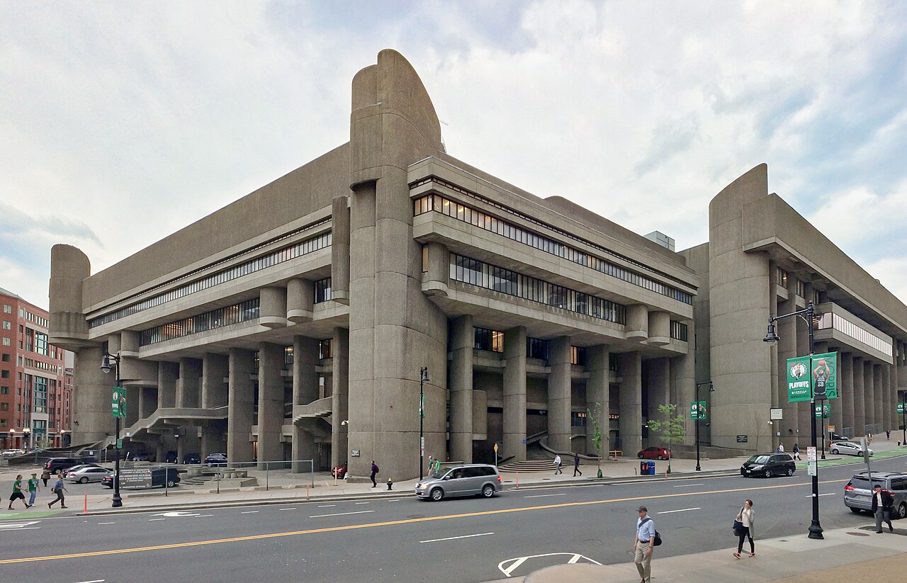 The Boston Government Services Center in 2018, its bush-hammered concrete facades above Staniford Street